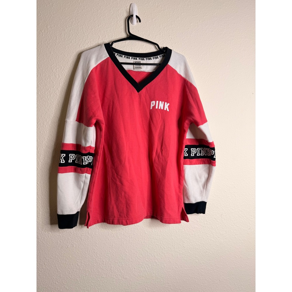 Victorias Secret PINK Women S Colorblock V Neck Varsity Pullover Sweatshirt